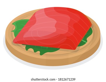Piece fish tuna salmon, fresh steak tenderloin on wooden kitchen board isolated on white, cartoon vector illustration. Healthy fat seafood stuff icon food. Humpback chunk for grill, meal concept logo.