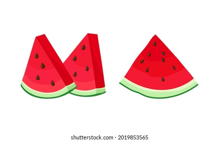 Piece of Fresh and Juicy Watermelon Fruit with Red Flesh and Black Seeds Vector Set