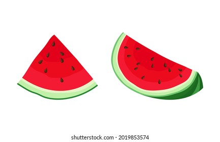 Piece of Fresh and Juicy Watermelon Fruit with Red Flesh and Black Seeds Vector Set