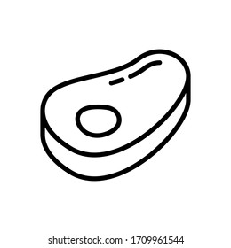 Piece of fresh meat on bone. Linear icon of pork or steak. Black simple illustration of marble beef for grill and barbecue. Contour isolated vector on white background. Emblem for butcher