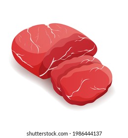 Piece of fresh raw horse meat sliced isolated on white background, vector.