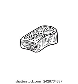 A piece of fresh and tasty pork veal galantine in black isolated on white background. Hand drawn vector sketch illustration in doodle vintage engraved style. Concept of food, butcher shop, roast steak