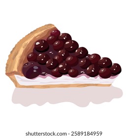 Piece of freshly baked homemade cherry tart or cherry pie (Greek kerasopita) with whole red cherries and pastry cream. Greek cuisine. Food vector illustration on white background.