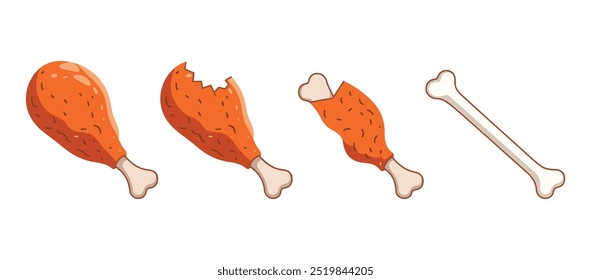 Piece of fried chicken leg with bitten meat and bone. Cartoon flat illustration of a delicious, fatty meal. Ideal for food-themed designs, representing eaten meals and food scraps.