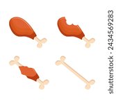 Piece of fried chicken leg. Delicious and fatty foods. Bitten meat with bone. Eaten meal. Brown Food debris and scraps. Cartoon flat illustration