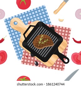 A piece of fried meat in a frying pan, around it various products tomatoes, a knife and fork, etc. On white background. Delicious food, the concept of a fun time. vector seamless pattern background