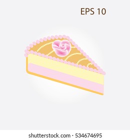 piece Fruit Cake is decorated with a pink rose isolated on a white background art creative vector design element