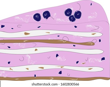 Piece of fruit cake.Texture of watercolor desserts. Bright print with batteries. Pattern of decorative hand-drawn ornament for packaging, holiday design or invitation cards on a white background.