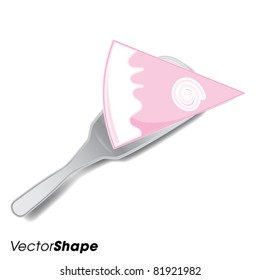 Piece of fruit flavored birthday cake with cream frosting on serving spoon vector illustration