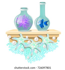 Piece of furniture form of wall-mounted shelves decorated with starfish, pearls and corals isolated on white background. Glass flask with aquarium fish and jar of coral polyp. Vector cartoon close-up.