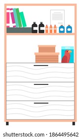 Piece of furniture of medical examination or medical check up interior room flat vector illustration. Interior equipment of a veterinary office white cupboard with shelves with books and medicines