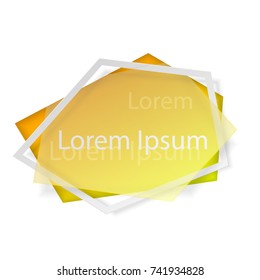Piece of glass in yellow, gold hole with crossed white frame, isolated on white background with lettering. Space for text. Vector illustration. Elements for poster, card, web, design.
