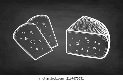 Piece of Gouda cheese and slices. Chalk sketch on blackboard background. Hand drawn vector illustration. Vintage style stroke drawing.