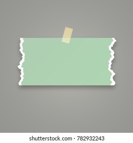 Piece of green paper with torn edges attached with adhesive tape. Vector illustration