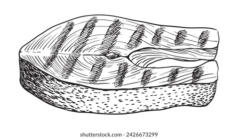 Pedazo de salmón a la parrilla. Dibujo estilo pez. Pieza dibujada a mano de pescado frito aislado sobre fondo blanco. Ilustración grabada vectorial