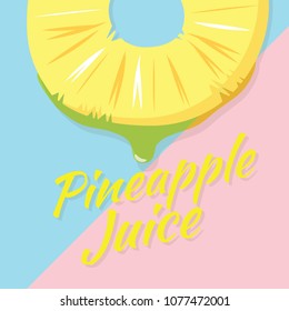 piece of half pineapple slice, juicy slice of fruit with drops of pineapples juice vector icon illustration on pink and blue background. 