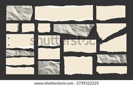 Piece of halftone dotted torn crumpled paper, frame for collage, retro banner, flyer. Empty white page with uneven white edge. Isolated text box template. Vector EPS10