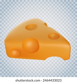 Pedazo de queso duro en estilo de dibujos animados 3d. Lindo elemento de renderizado realista aislado sobre fondo transparente. Juguete de niño suave. Ilustración vectorial brillante.