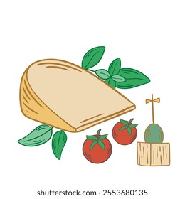 Piece of hard cheese with basil leaves, tomato and olive. Hand drawn snack, dairy products clip art. Cheese tasting, vector graphics