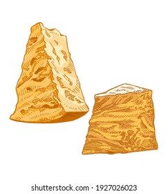 Piece of hard cheese, Parmesan, Edam, cut slice, french organic food, close-up, isolated, vintage style, hand drawn vector illustration on white background