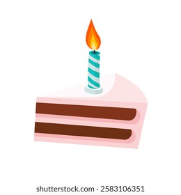 Piece of holiday cake. Festive candle, vector illustration