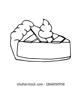 Piece of homemade pumpkin or sweet potato pie with whipped cream. Slice of traditional american Thanksgiving dessert. Hand drawn vector illustration in doodle style isolated on white background.