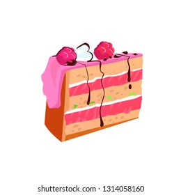 Piece of homemade raspberry cake vector illustration. Cake, sweet food, cafe menu. Dessert concept. Vector illustration can be used for topics like food, unhealthy eating, cooking