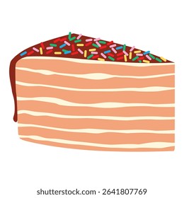Piece of honey birthday cake with colorful sprinkles on topping isolated on white background. Slice of tasty homemade cake. Vector illustration