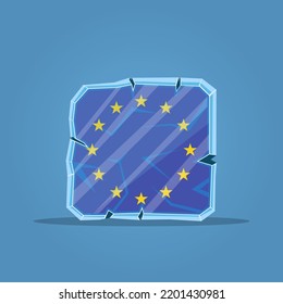 A piece of ice with a frozen European Union flag. The concept of the energy crisis in Europe. Coming winter. Rising energy prices. Problems with heating houses.