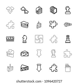 Piece icon. collection of 25 piece outline icons such as cheese, swimsuit, puzzle, chess horse, bread slices, chess king, baby onesie. editable piece icons for web and mobile.