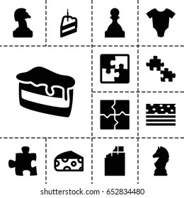 Piece icon. set of 13 filled pieceicons such as cheese, baby onesie, puzzle, piece of cake, chess horse, pawn