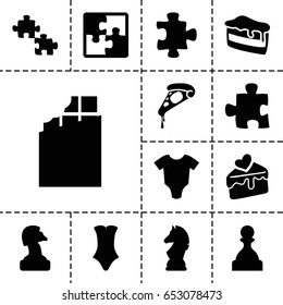 Piece icon. set of 13 filled pieceicons such as baby onesie, puzzle, swimsuit, piece of cake, pizza, cake slice, chess horse, pawn