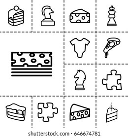 Piece icon. set of 13 outline pieceicons such as cheese, baby onesie, puzzle, piece of cake, pizza, chess king