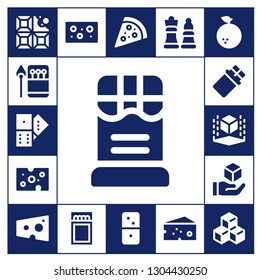 piece icon set. 17 filled piece icons.  Collection Of - Chocolate, Matches, Domino, Cheese, Cube, Match, Pizza, Dominoes, Chess, Orange