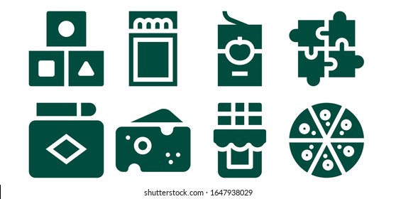 conjunto de iconos de la pieza. 8 iconos rellenos de piezas.  Iconos modernos sencillos, como: Partido, cubos, queso, chocolate, salsa de tomate, pizza, puzzle