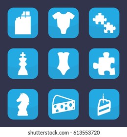 Piece icon. set of 9 filled piece icons such as baby onesie, swimsuit, piece of cake, cheese, chess king, chess horse, puzzle