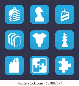 Piece icon. set of 9 filled piece icons such as baby onesie, puzzle, piece of cake, bread slices, chess king, chess horse