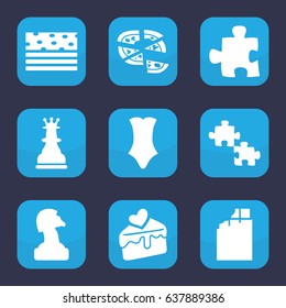 Piece icon. set of 9 filled piece icons such as swimsuit, pizza, cake slice, chess king, puzzle, chess horse, chocolate