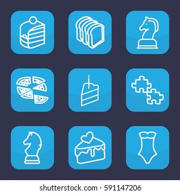 piece icon. Set of 9 outline piece icons such as swimsuit, piece of cake, pizza, bread slices, cake slice, horse chess, chess horse