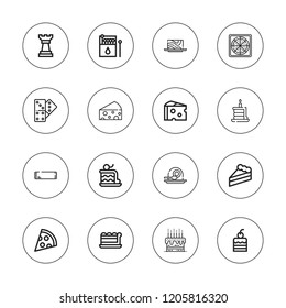 Piece icon set. collection of 16 outline piece icons with cake, cakes, chocolate, cheese, domino, matches, piece, pizza icons.