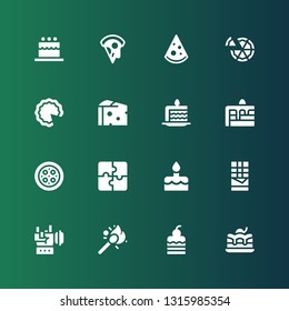 piece icon set. Collection of 16 filled piece icons included Brownie, Cake, Matches, Rock, Chocolate, Puzzle, Pizza, Cake slice, Cheese