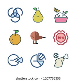 piece icon set. vector set about sticker, pear, pie chart and orange icons set.