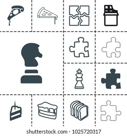 Piece icons. set of 13 editable filled and outline piece icons such as pizza, puzzle, piece of cake, bread slices, chess king, chess horse