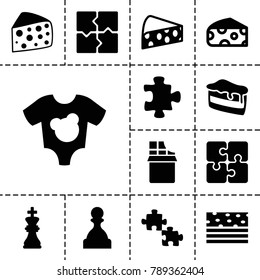 Piece icons. set of 13 editable filled piece icons such as cheese, puzzle, piece of cake, chess king, pawn, baby onesie