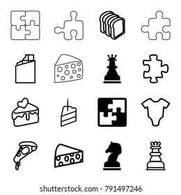 Piece icons. set of 16 editable outline piece icons such as puzzle, horse chess, chess king, baby onesie, chocolate, pizza, bread slices, cake slice, piece of cake