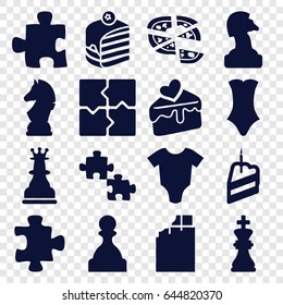 Piece icons set. set of 16 piece filled icons such as baby onesie, puzzle, swimsuit, piece of cake, pizza, cake slice, chess king, chess horse, pawn