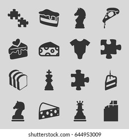 Piece icons set. set of 16 piece filled icons such as cheese, baby onesie, puzzle, piece of cake, pizza, bread slices, cake slice, chess king, chess horse, horse chess