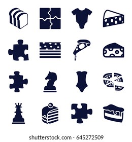 Piece icons set. set of 16 piece filled icons such as cheese, baby onesie, puzzle, swimsuit, piece of cake, pizza, bread slices, horse chess