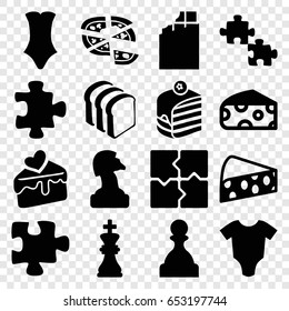 Piece icons set. set of 16 piece filled icons such as cheese, baby onesie, puzzle, swimsuit, piece of cake, pizza, bread slices, cake slice, chess king, pawn, chess horse