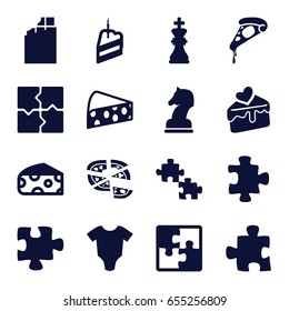 Piece icons set. set of 16 piece filled icons such as cheese, baby onesie, puzzle, pizza, cake slice, piece of cake, chess king, horse chess